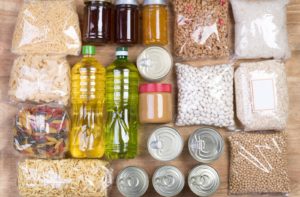 Food bank food organize on a wood table