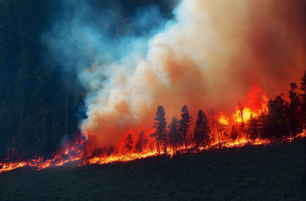 A forest fire in Canada, with smoke and flames visible, highlighting the environmental impact of climate change.